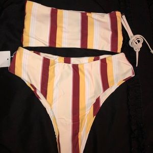 2 piece high waisted bikini set burgundy yellow